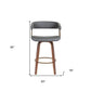 26" Gray And Wood Brown Faux Leather Swivel Counter Height Bar Chair
