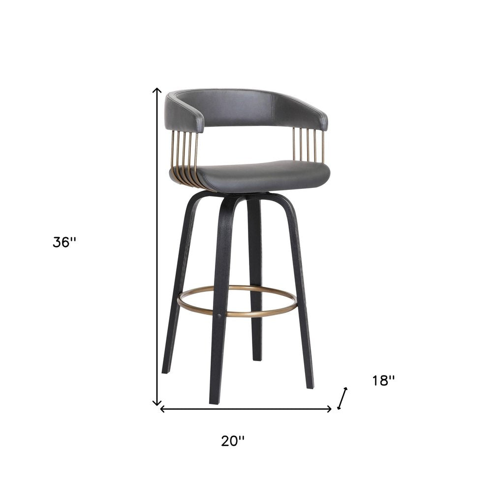 26" Gray And Black Faux Leather Swivel Counter Height Bar Chair