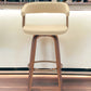 31" Cream And Wood Brown Faux Leather Swivel Bar Height Bar Chair