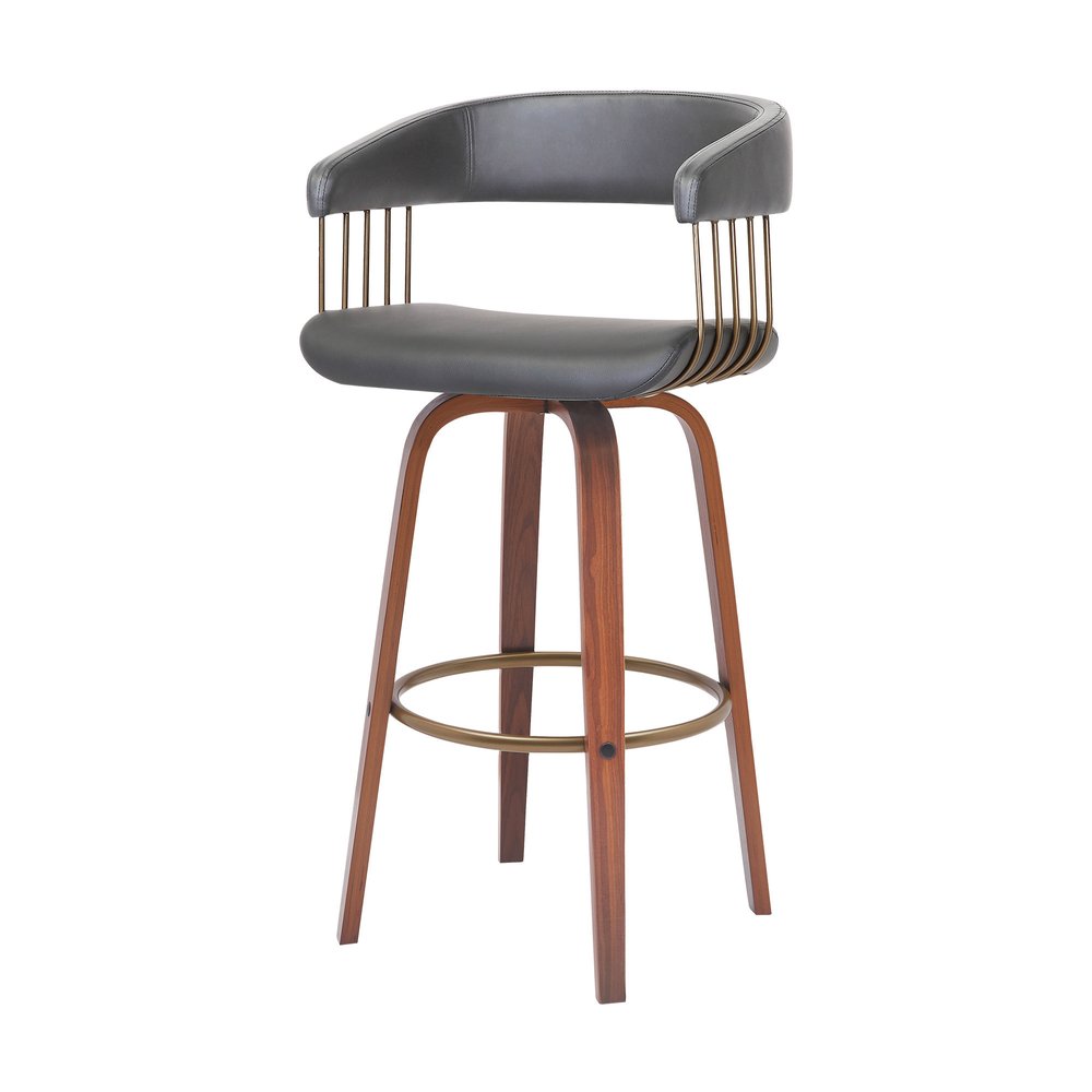 31" Gray And Wood Brown Faux Leather Swivel Bar Height Bar Chair