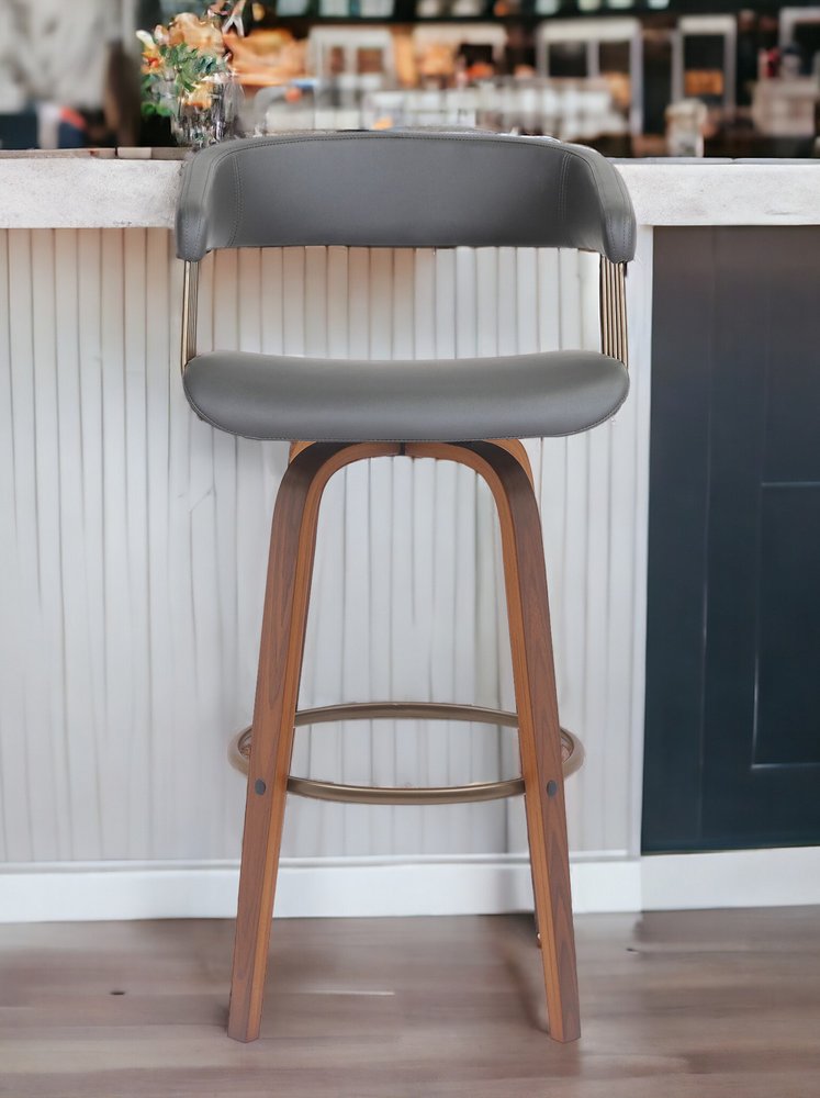 31" Gray And Wood Brown Faux Leather Swivel Bar Height Bar Chair
