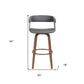 31" Gray And Wood Brown Faux Leather Swivel Bar Height Bar Chair