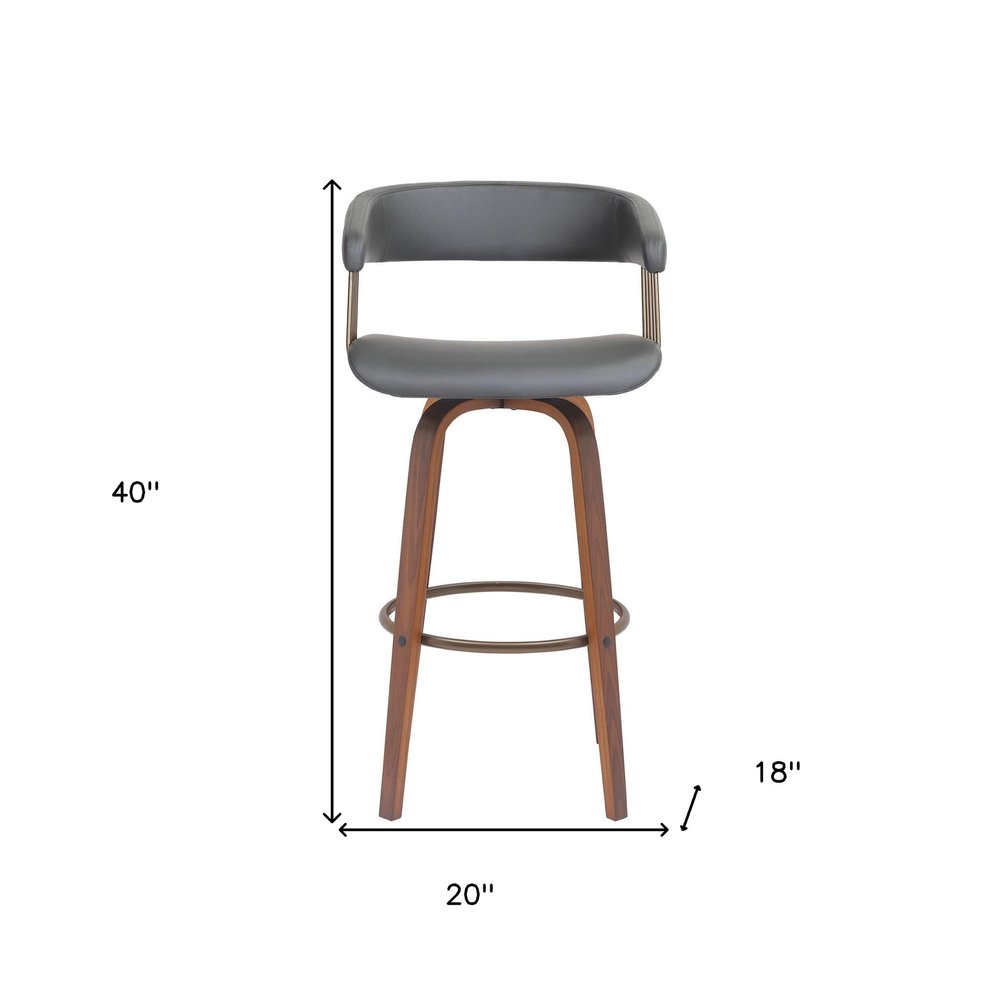 31" Gray And Wood Brown Faux Leather Swivel Bar Height Bar Chair
