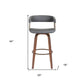 31" Gray And Wood Brown Faux Leather Swivel Bar Height Bar Chair