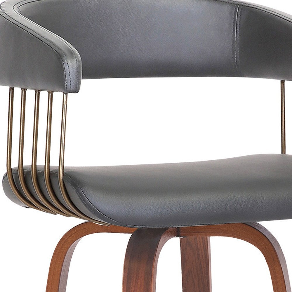 31" Gray And Wood Brown Faux Leather Swivel Bar Height Bar Chair