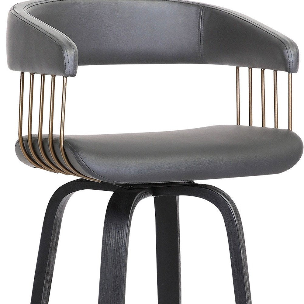 31" Gray And Black Faux Leather Swivel Bar Height Bar Chair