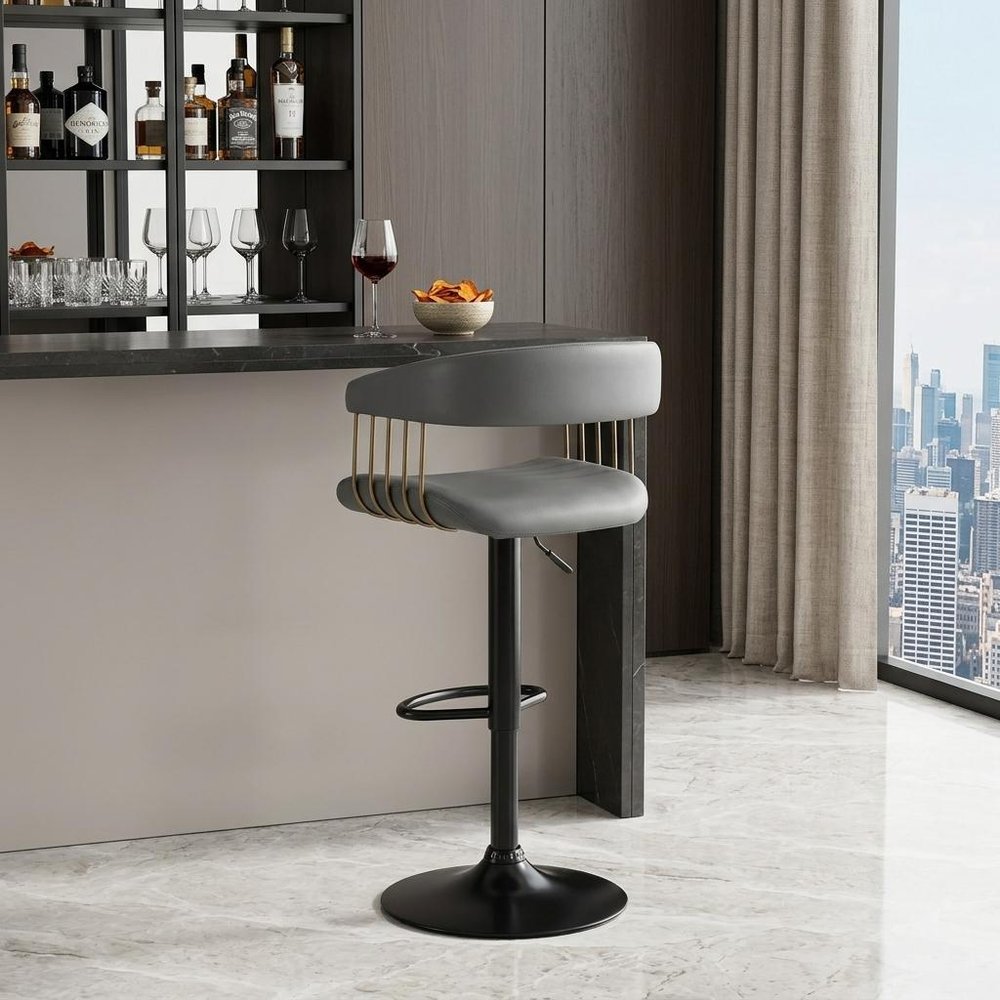 Gray and Black Faux Leather with Metal Swivel Adjustable Height Bar Chair
