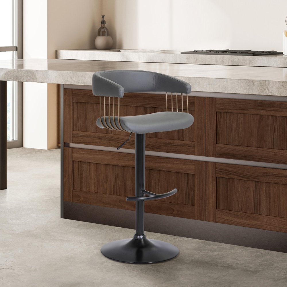 Gray and Black Faux Leather with Metal Swivel Adjustable Height Bar Chair