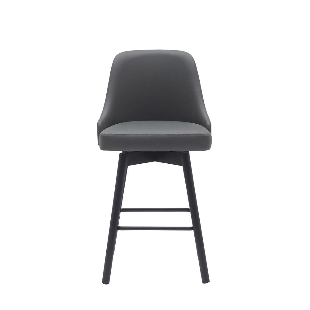 26" Gray and Black Faux Leather with Solid Wood Swivel Counter Height Bar Chair