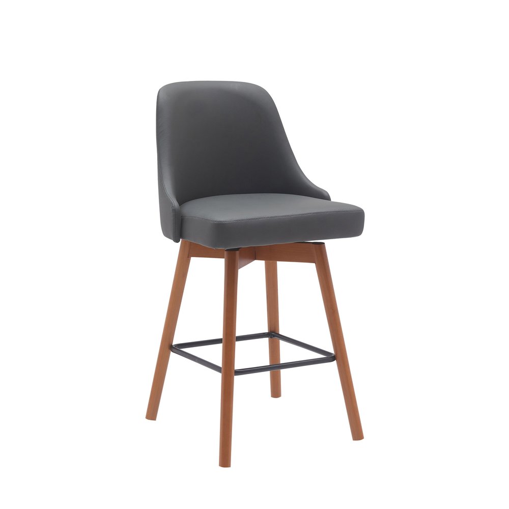 26" Gray and Wood Brown Faux Leather with Solid Wood Swivel Counter Height Bar Chair