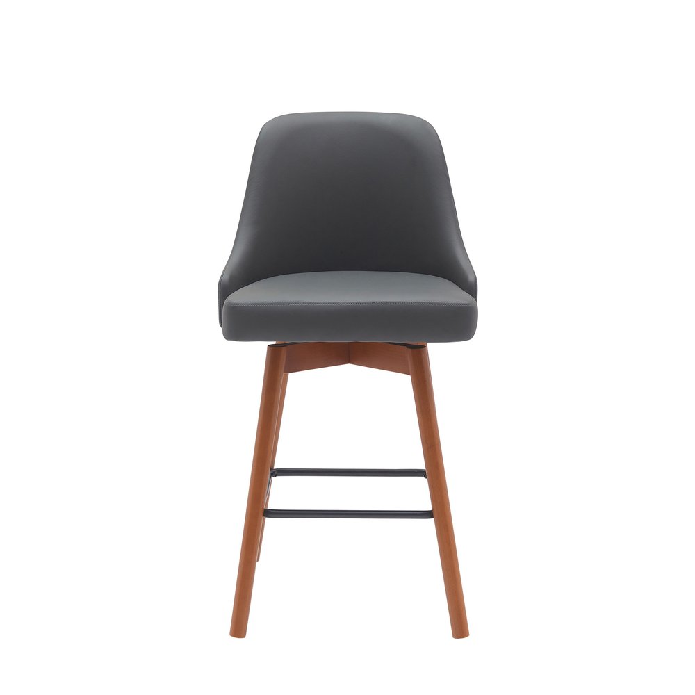 26" Gray and Wood Brown Faux Leather with Solid Wood Swivel Counter Height Bar Chair
