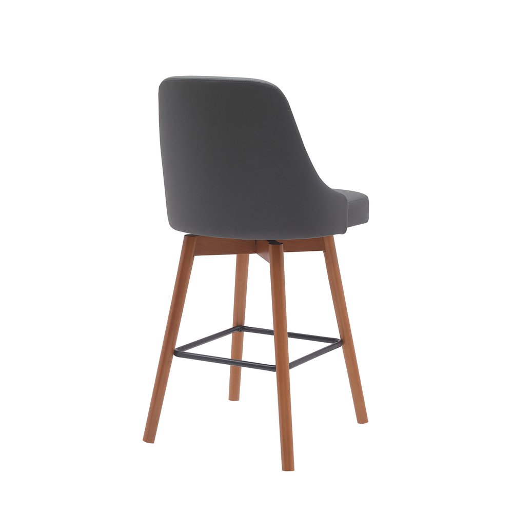 26" Gray and Wood Brown Faux Leather with Solid Wood Swivel Counter Height Bar Chair