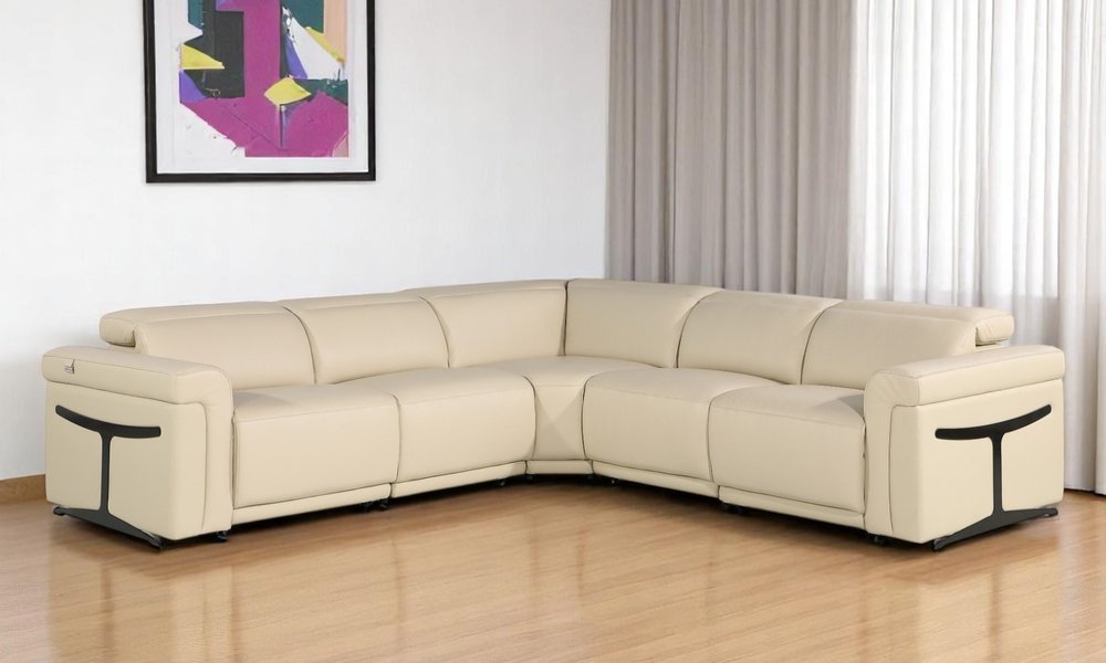 Beige Italian Leather Modular L Shaped Five Piece Corner Sectional