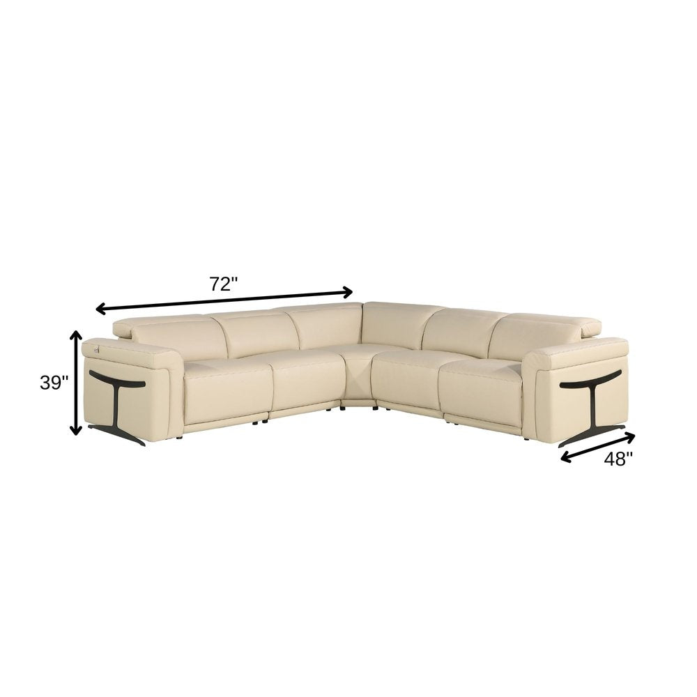 Beige Italian Leather Modular L Shaped Five Piece Corner Sectional