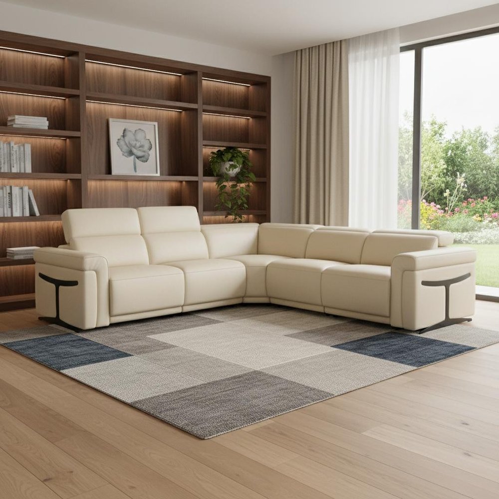 Beige Italian Leather Modular L Shaped Five Piece Corner Sectional