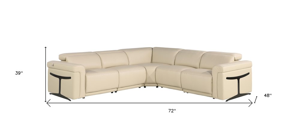 Beige Italian Leather Modular L Shaped Five Piece Corner Sectional