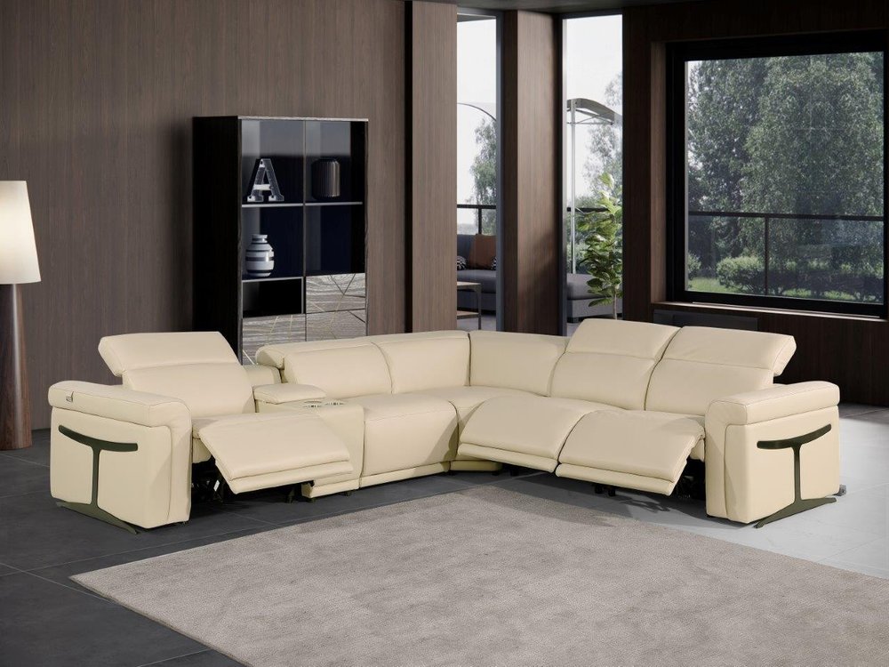 Beige Italian Leather Modular L Shaped Six Piece Corner Sectional With Console