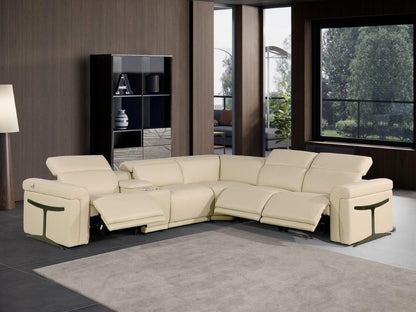 Beige Italian Leather Modular L Shaped Six Piece Corner Sectional With Console