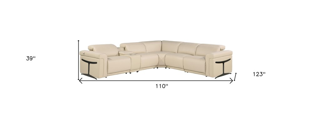 Beige Italian Leather Modular L Shaped Six Piece Corner Sectional With Console