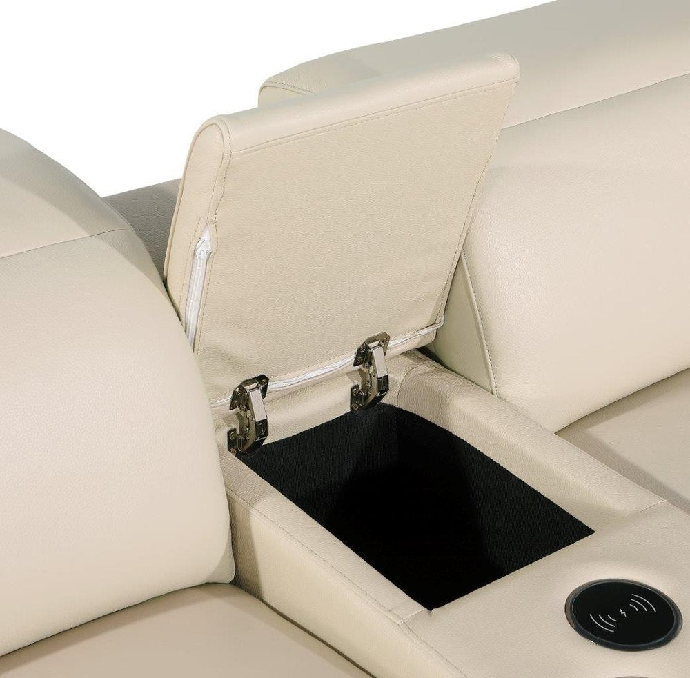 Beige Italian Leather Modular L Shaped Six Piece Corner Sectional With Console