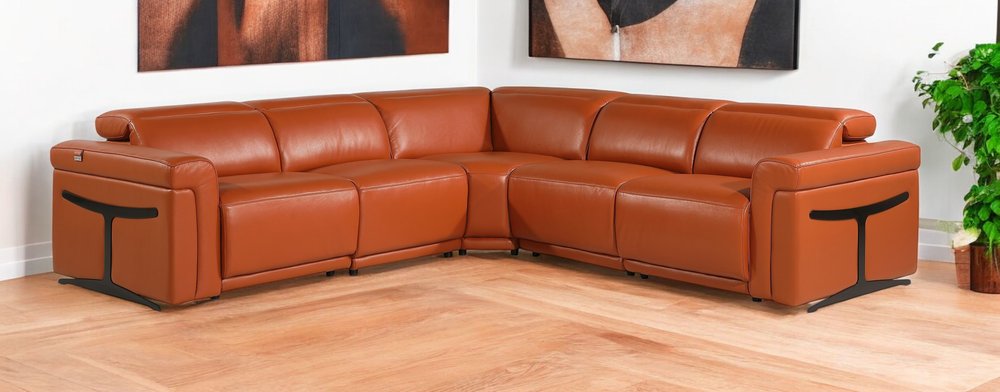 Camel Italian Leather Modular L Shaped Five Piece Corner Sectional