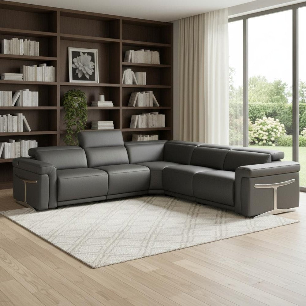Gray Italian Leather Modular L Shaped Five Piece Corner Sectional