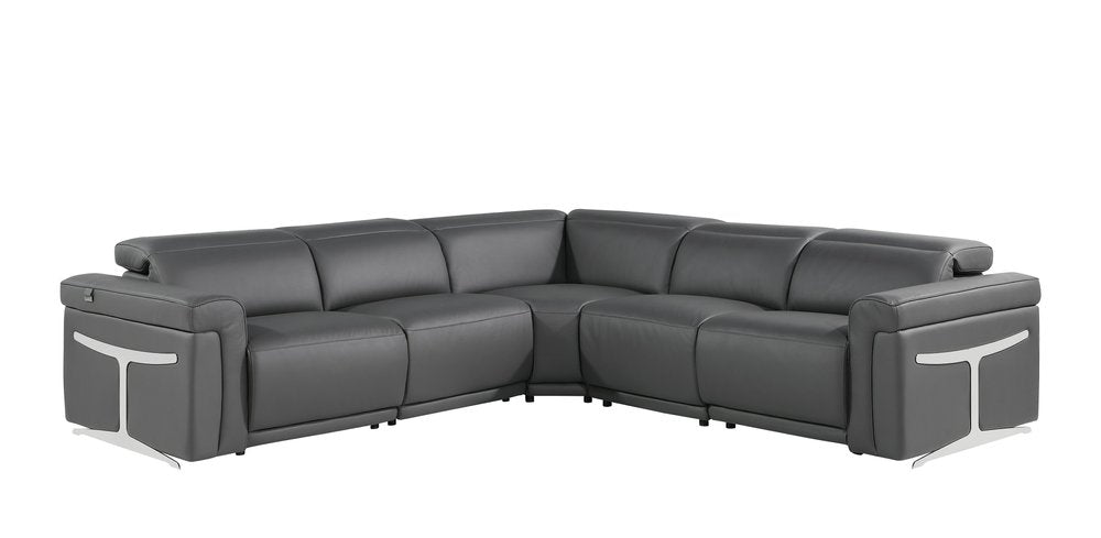 Gray Italian Leather Modular L Shaped Five Piece Corner Sectional