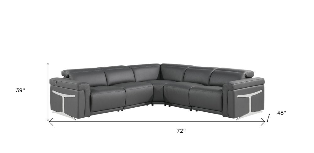 Gray Italian Leather Modular L Shaped Five Piece Corner Sectional