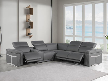 Gray Italian Leather Modular L Shaped Six Piece Corner Sectional With Console