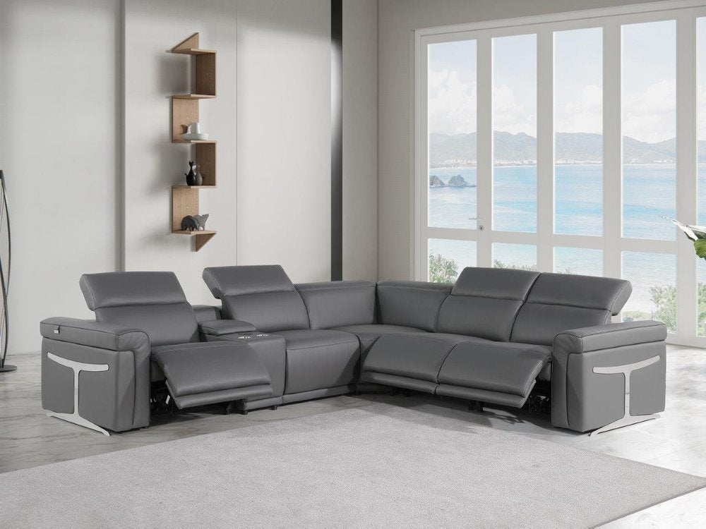 Gray Italian Leather Modular L Shaped Six Piece Corner Sectional With Console