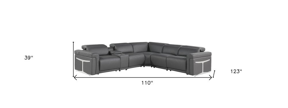 Gray Italian Leather Modular L Shaped Six Piece Corner Sectional With Console