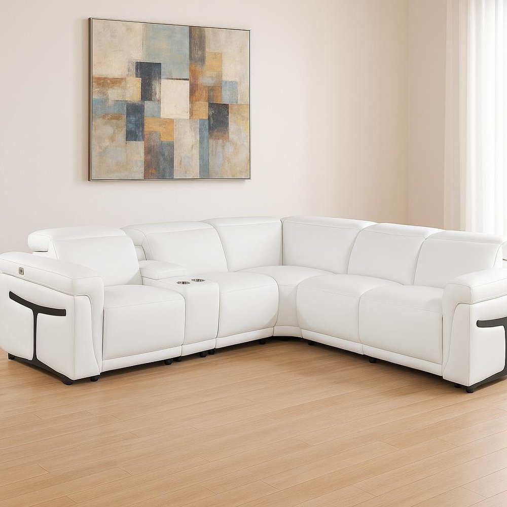 White Italian Leather Modular L Shaped Six Piece Corner Sectional With Console
