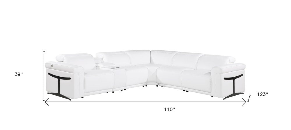White Italian Leather Modular L Shaped Six Piece Corner Sectional With Console