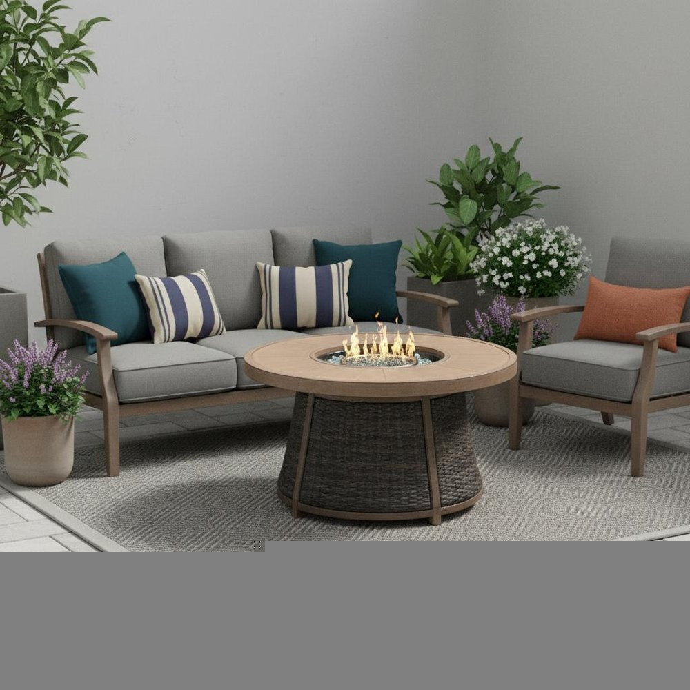 50000 BTU 42" Brown Aluminum And Rattan Propane Round Fire Pit Table With Cover