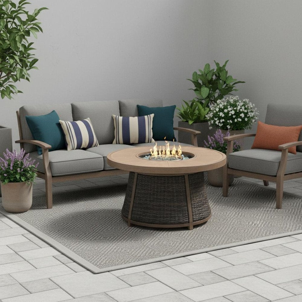 50000 BTU 42" Brown Aluminum And Rattan Propane Round Fire Pit Table With Cover