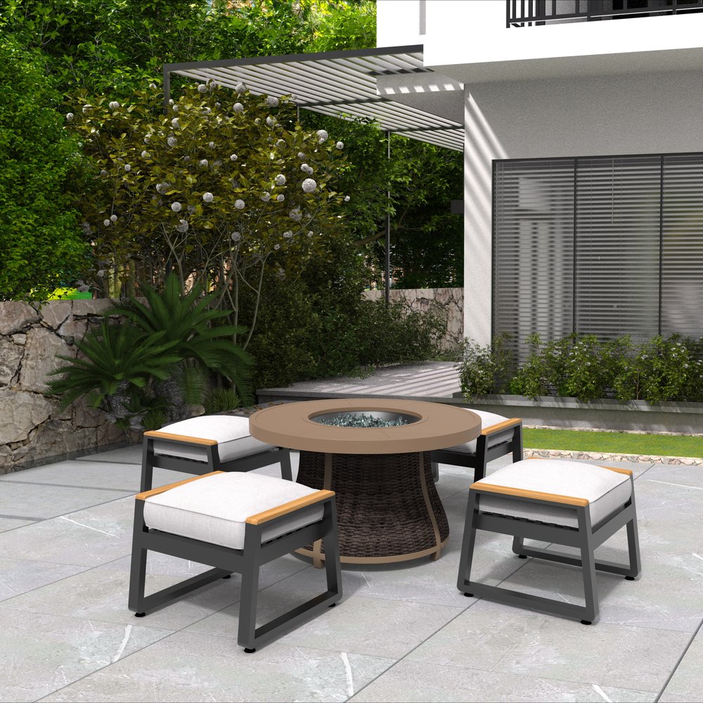 50000 BTU 42" Brown Aluminum And Rattan Propane Round Fire Pit Table With Cover