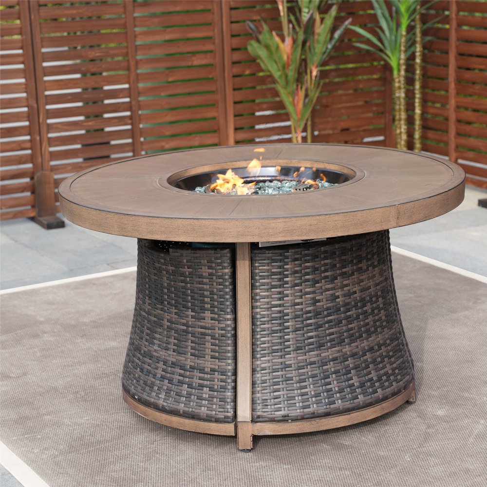 50000 BTU 42" Brown Aluminum And Rattan Propane Round Fire Pit Table With Cover