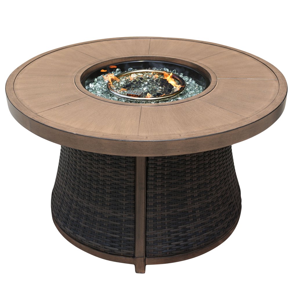 50000 BTU 42" Brown Aluminum And Rattan Propane Round Fire Pit Table With Cover
