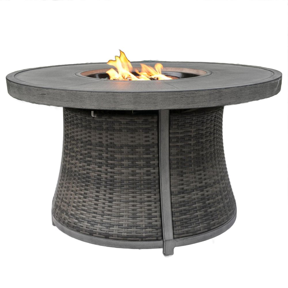 50000 BTU 42" Gray Aluminum And Rattan Propane Round Fire Pit Table With Cover