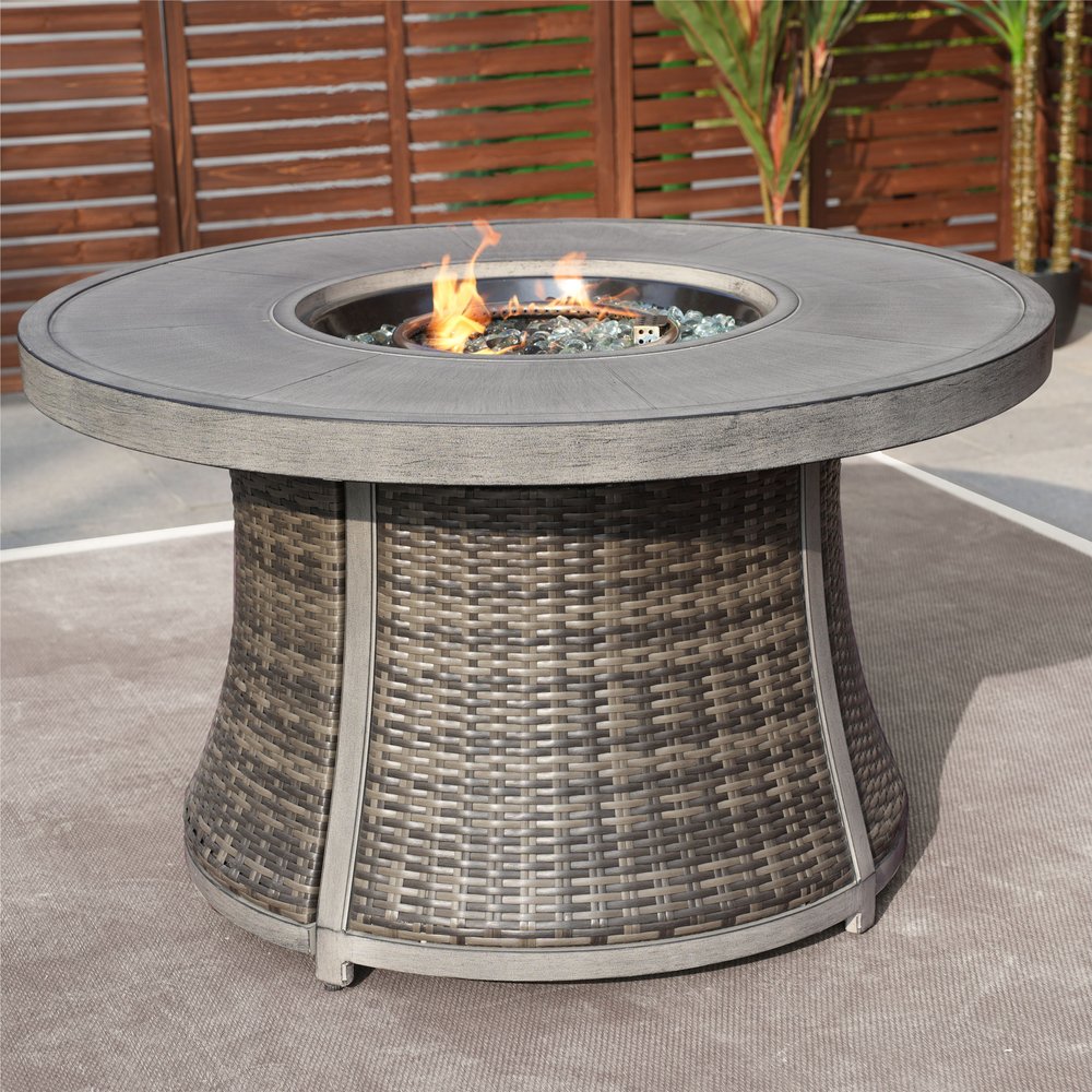 50000 BTU 42" Gray Aluminum And Rattan Propane Round Fire Pit Table With Cover
