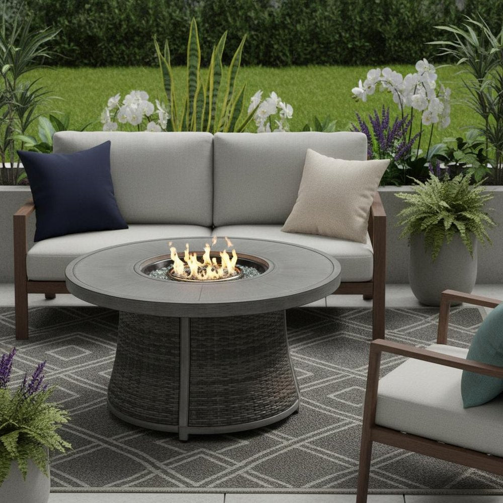 50000 BTU 42" Gray Aluminum And Rattan Propane Round Fire Pit Table With Cover