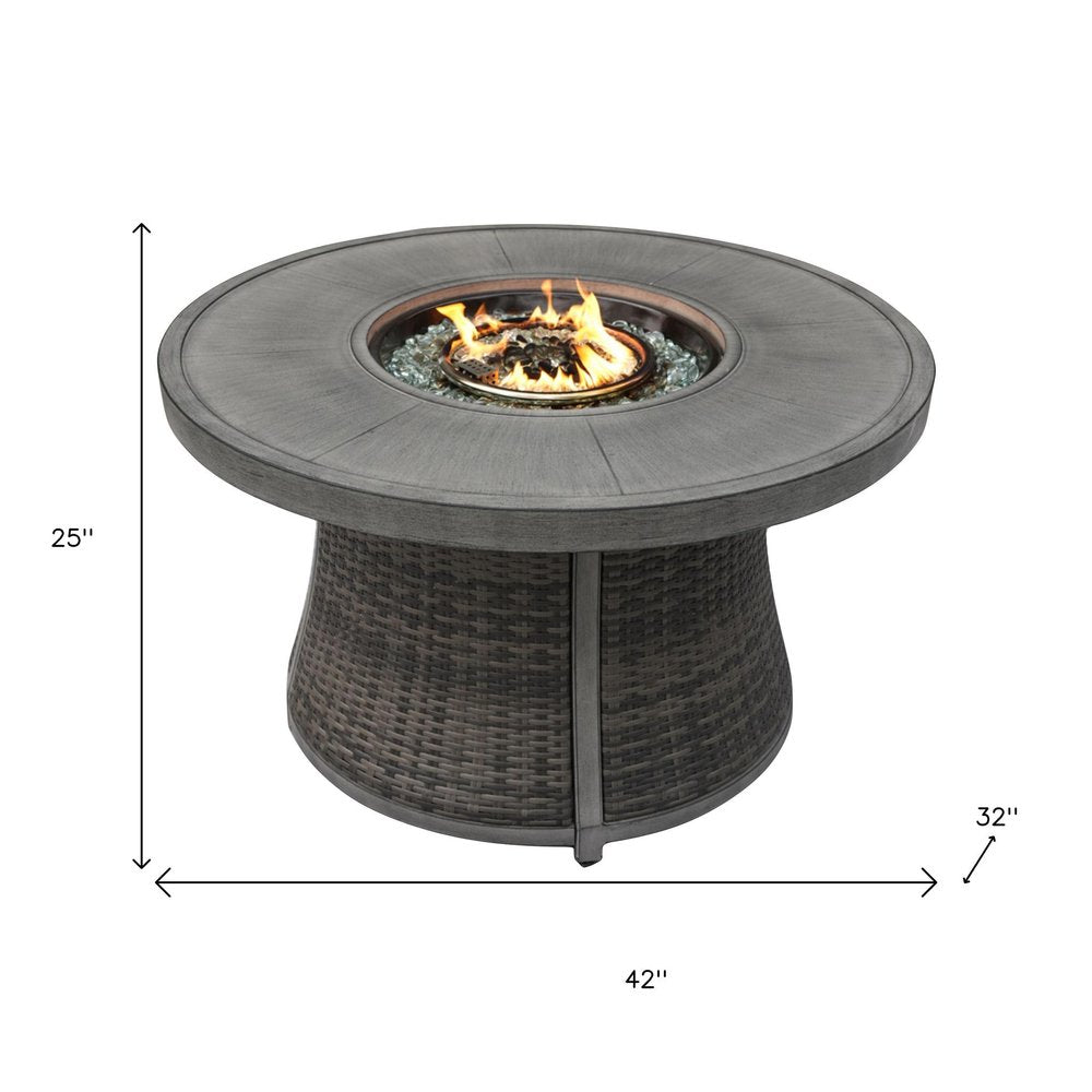 50000 BTU 42" Gray Aluminum And Rattan Propane Round Fire Pit Table With Cover