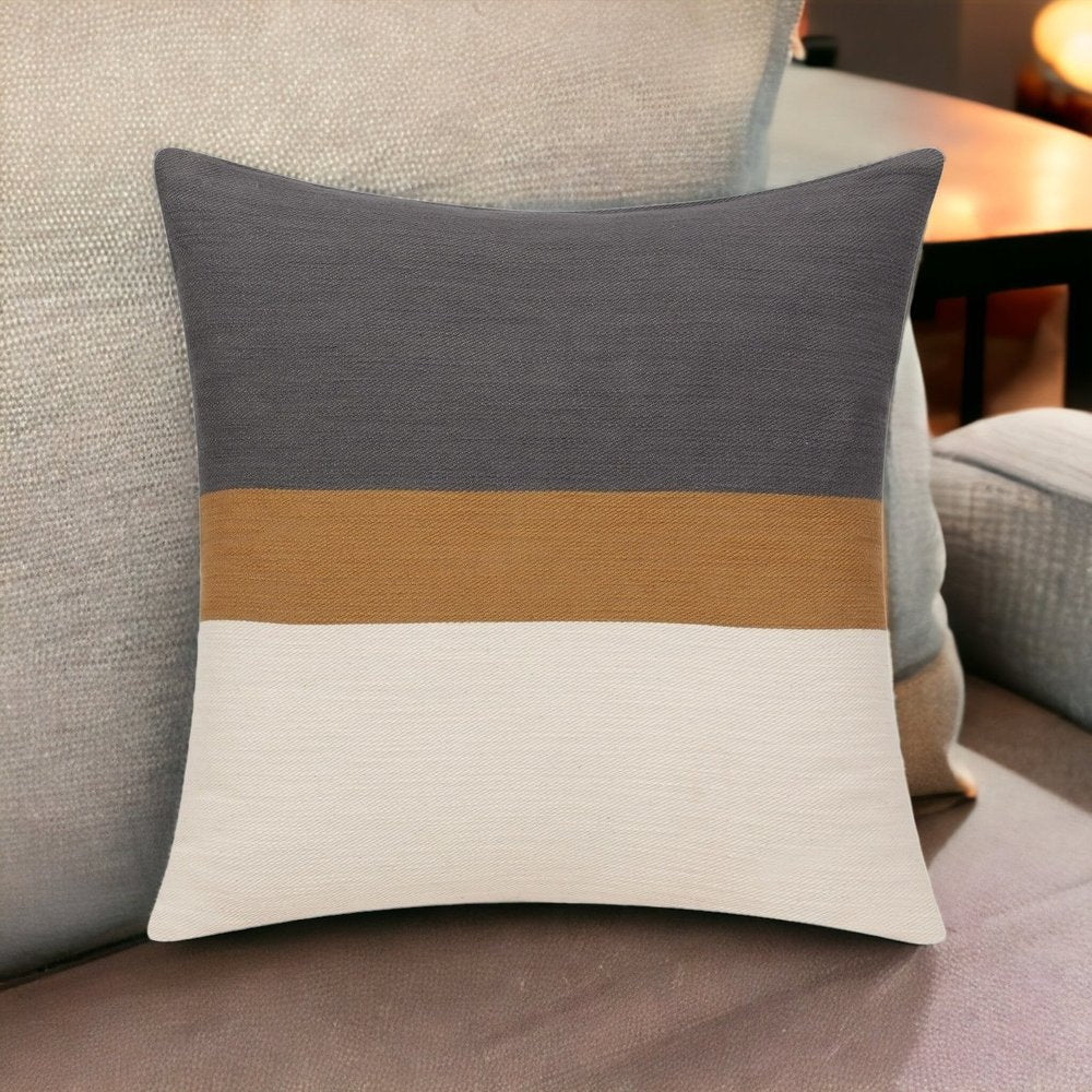 24" Dark Gray Brown And Off White Cotton Striped Throw Pillow