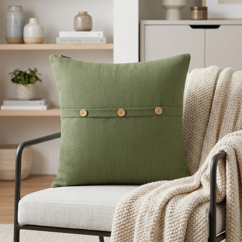 20" Brown Cotton Throw Pillow With Buttons
