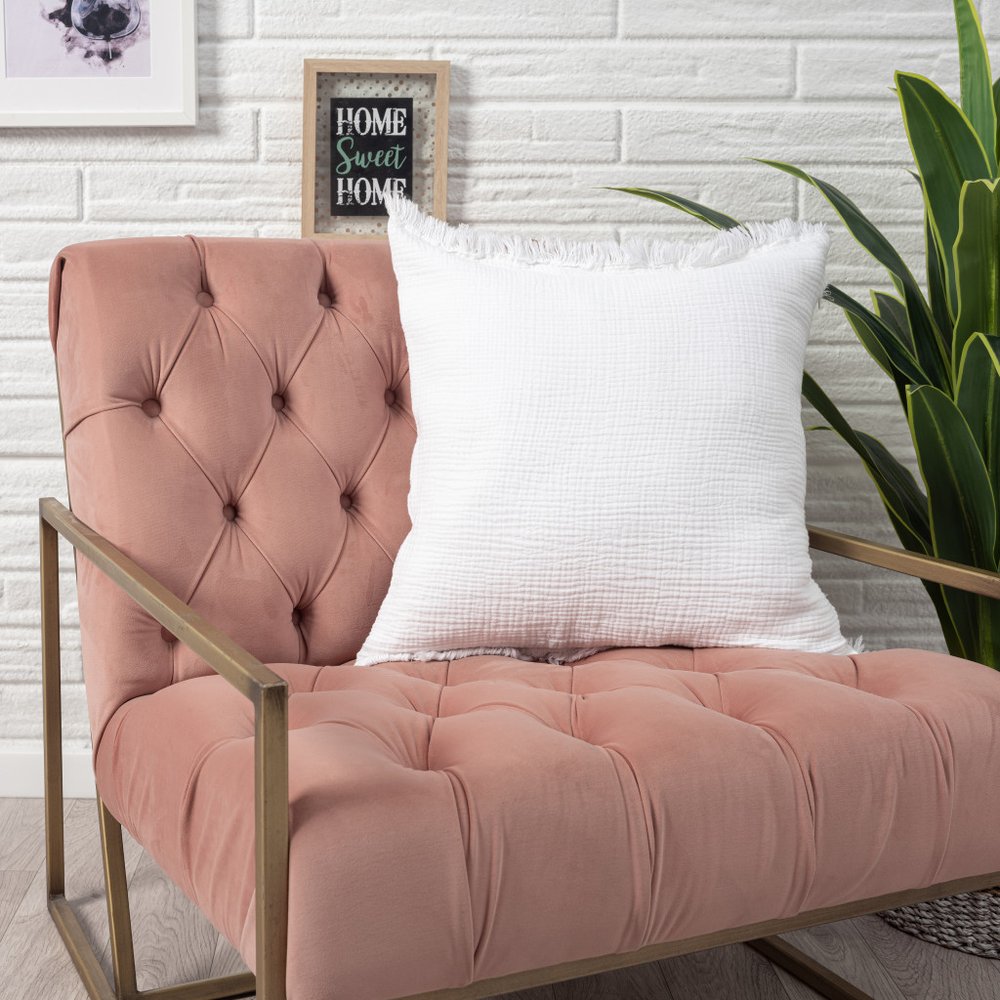 20" X 20" Blue Cotton Zippered Down Pillow With Fringe