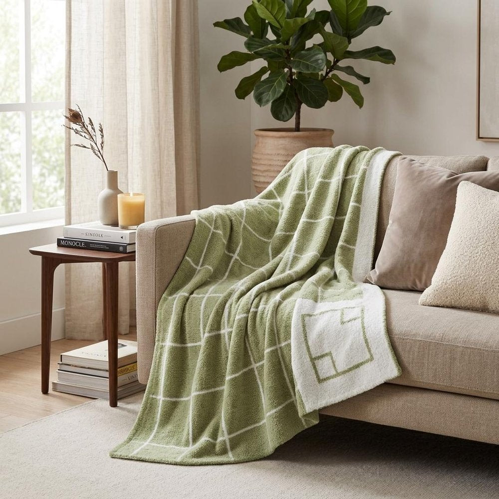 50" X 60" Green and White Fleece Knitted Geometric Plush Throw Blanket