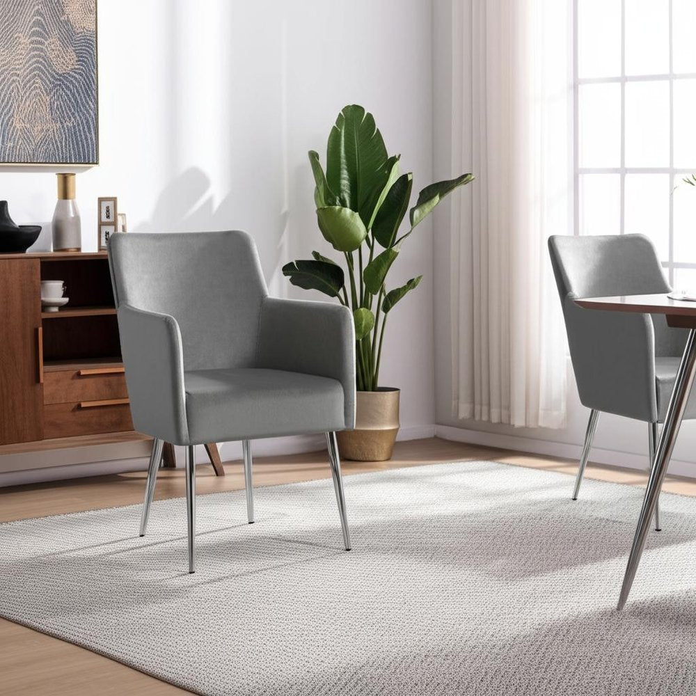 Set of Two Light Gray And Silver Upholstered Velvet Dining Arm Chairs