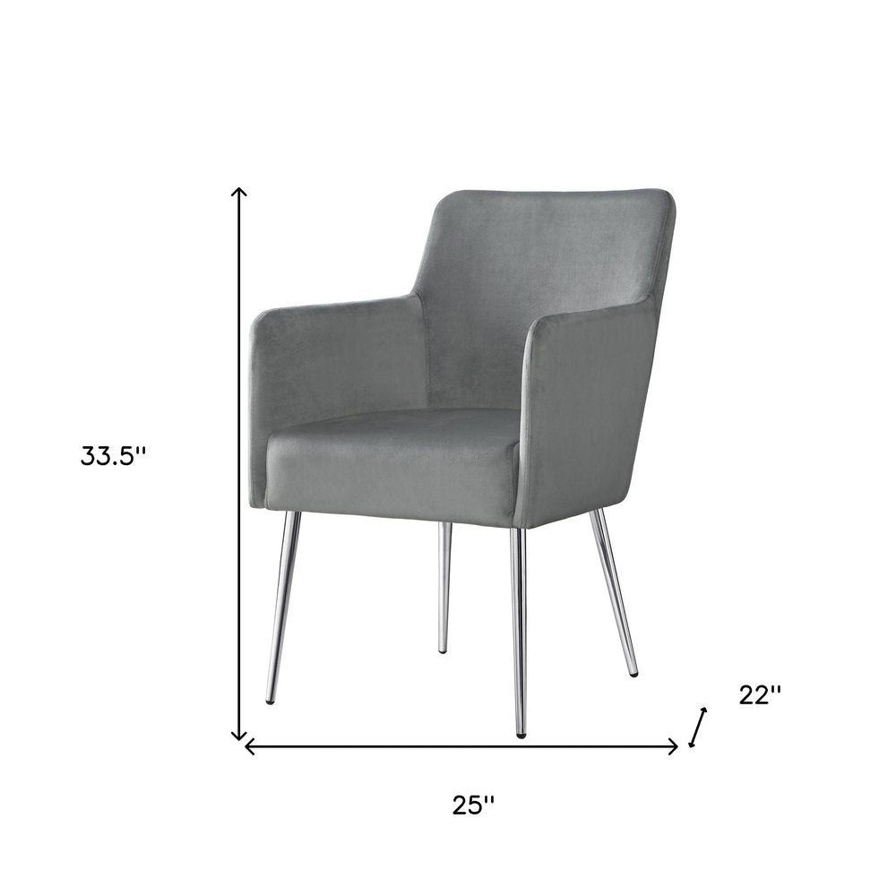 Set of Two Light Gray And Silver Upholstered Velvet Dining Arm Chairs