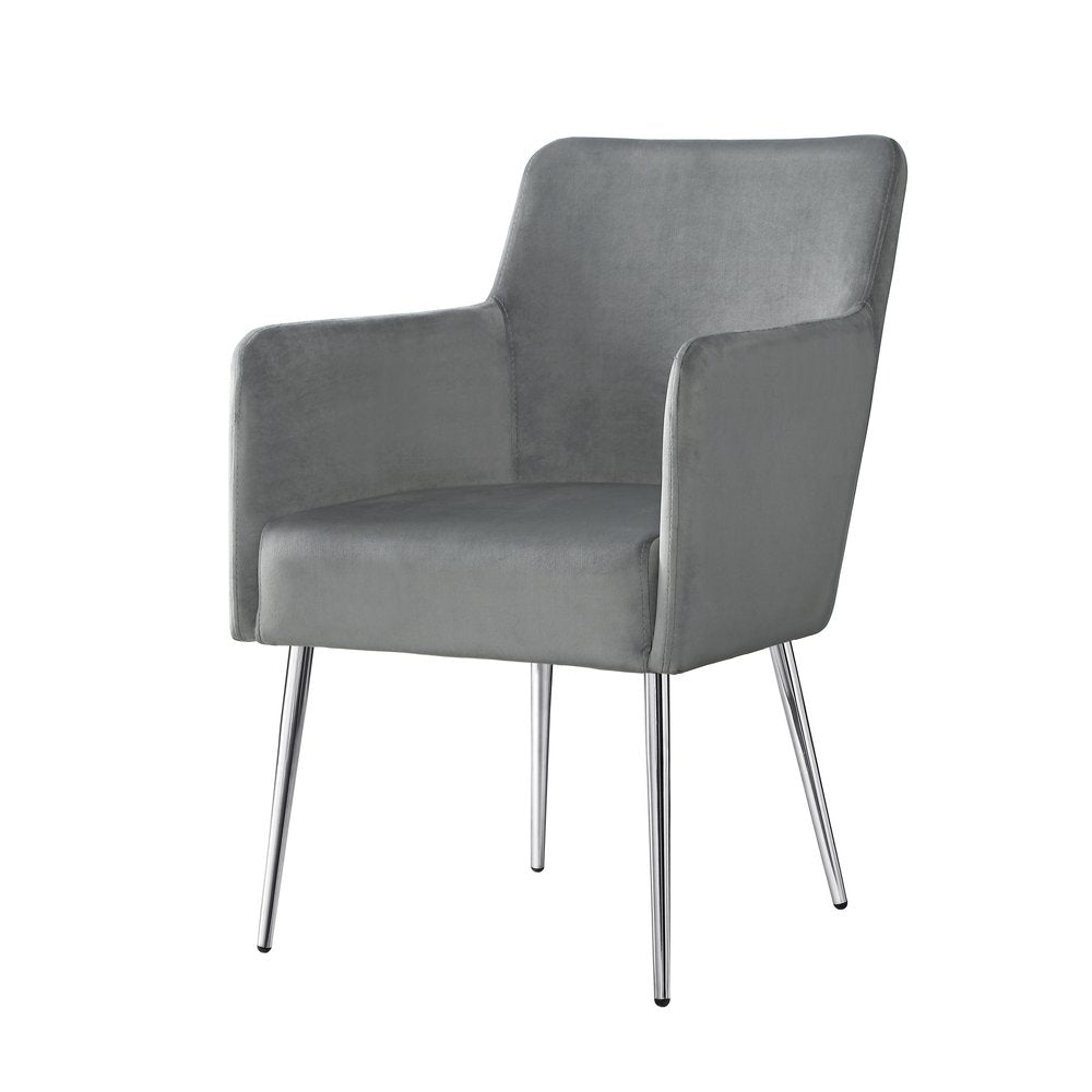 Set of Two Light Gray And Silver Upholstered Velvet Dining Arm Chairs