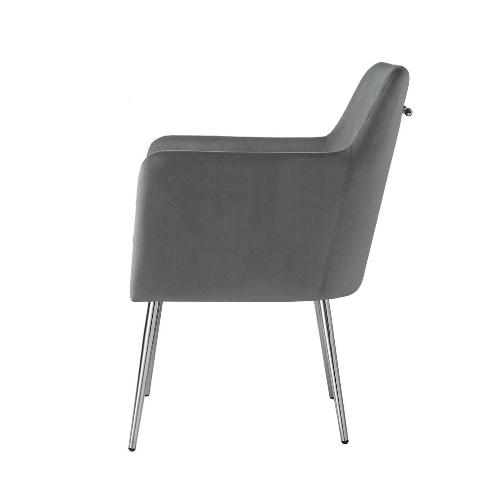 Set of Two Light Gray And Silver Upholstered Velvet Dining Arm Chairs